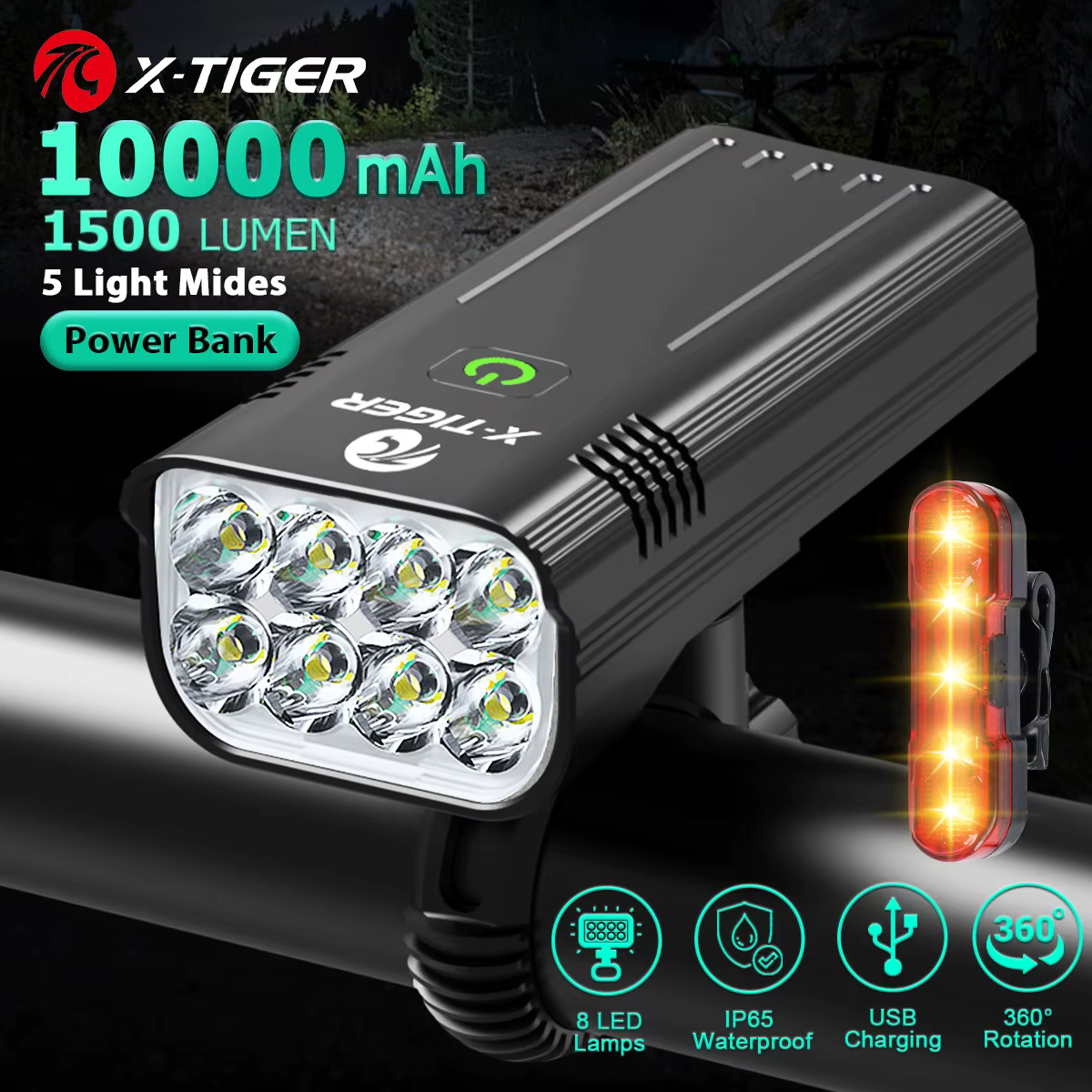 X-TIGER 8LED Bike Light USB Rechargeable 10000mAh Battery LED Bicycle Light Headlight MTB IPX6 Waterproof Flashlight Front Lamp