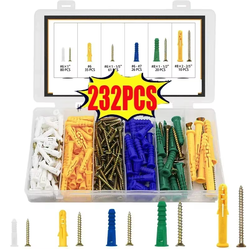 232PCS Plastic Self Drilling Screws Ribbed Drywall and Wall Anchors with Screws Kit Wall Plug Anchor Expansion Bolt Pipe Column