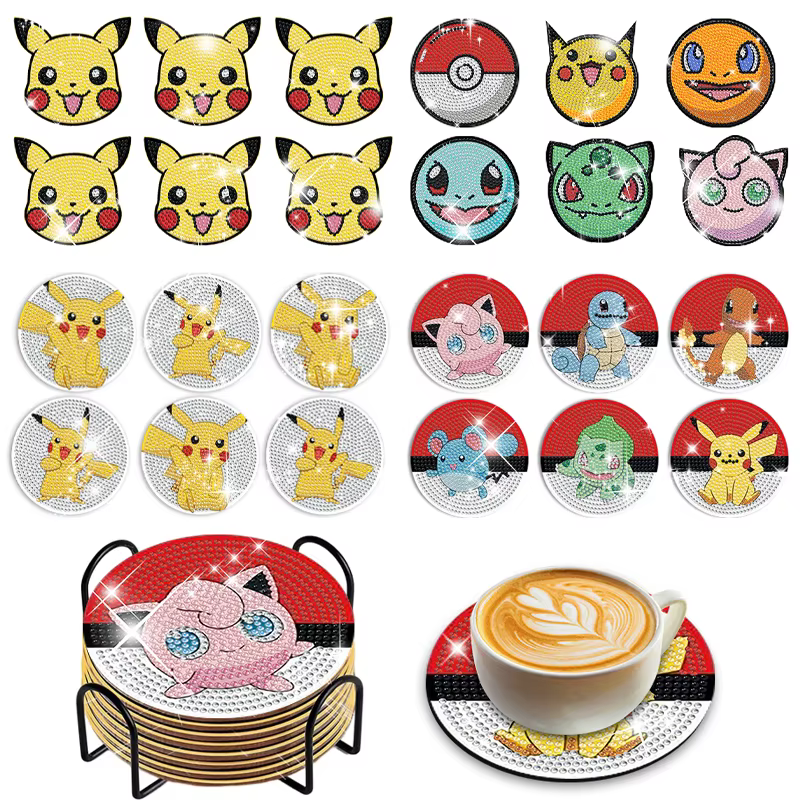 6Pcs DIY Pokémon Diamond Painting Coaster Cartoon Diamond Art Mosaic Drink Cup Pad Table Placemat with Holder Crafts Decor Gift