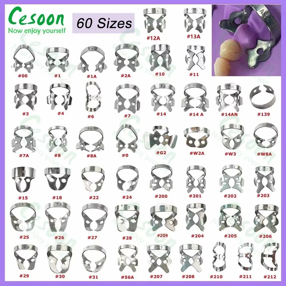 60Sizes Dental Rubber Dam Clamps Endodontic Restorative Barrier Clips Frame Holder Molar Teeth Stainless Steel Oral Materials