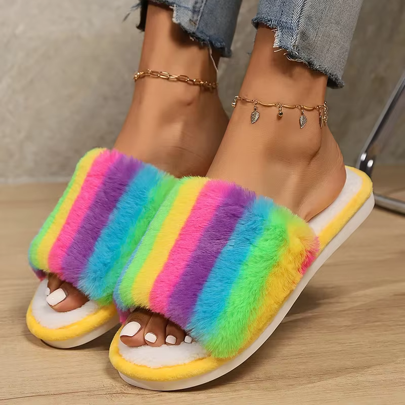 Women's Rainbow Furry Fluffy Slippers Non-Slip Flat Heel House Slippers Woman 2025 Winter Comfortable Indoor Floor Shoes Slides