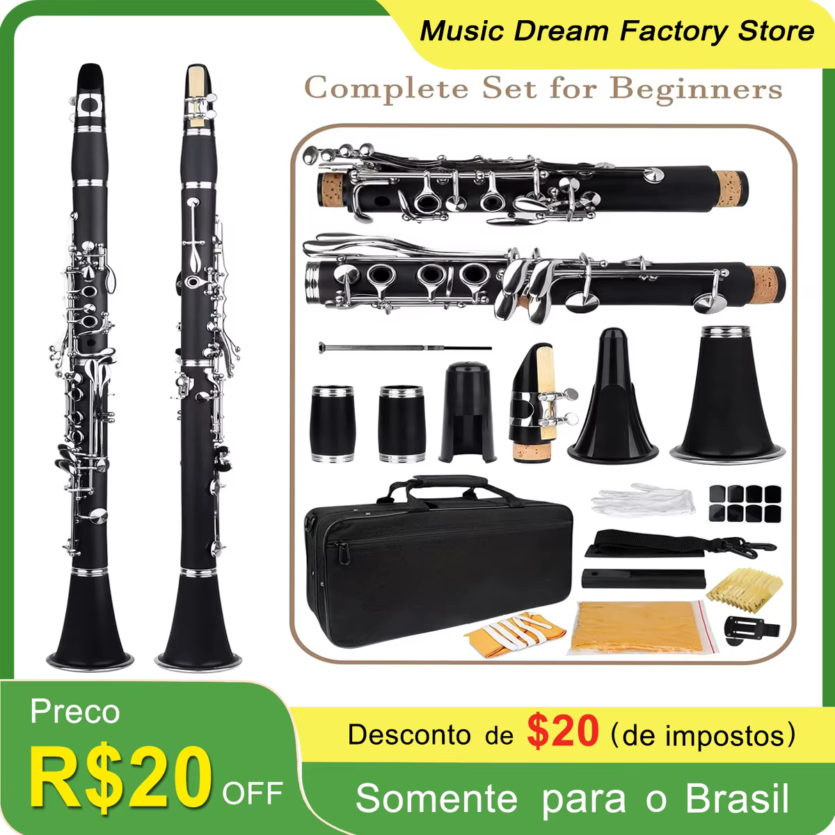 SLADE Bb Clarinet Student Beginner Clarinet with B flat Clarinet Box Reed Screwdriver Cleaning Cloth Trimmer Tooth Pad Accessory
