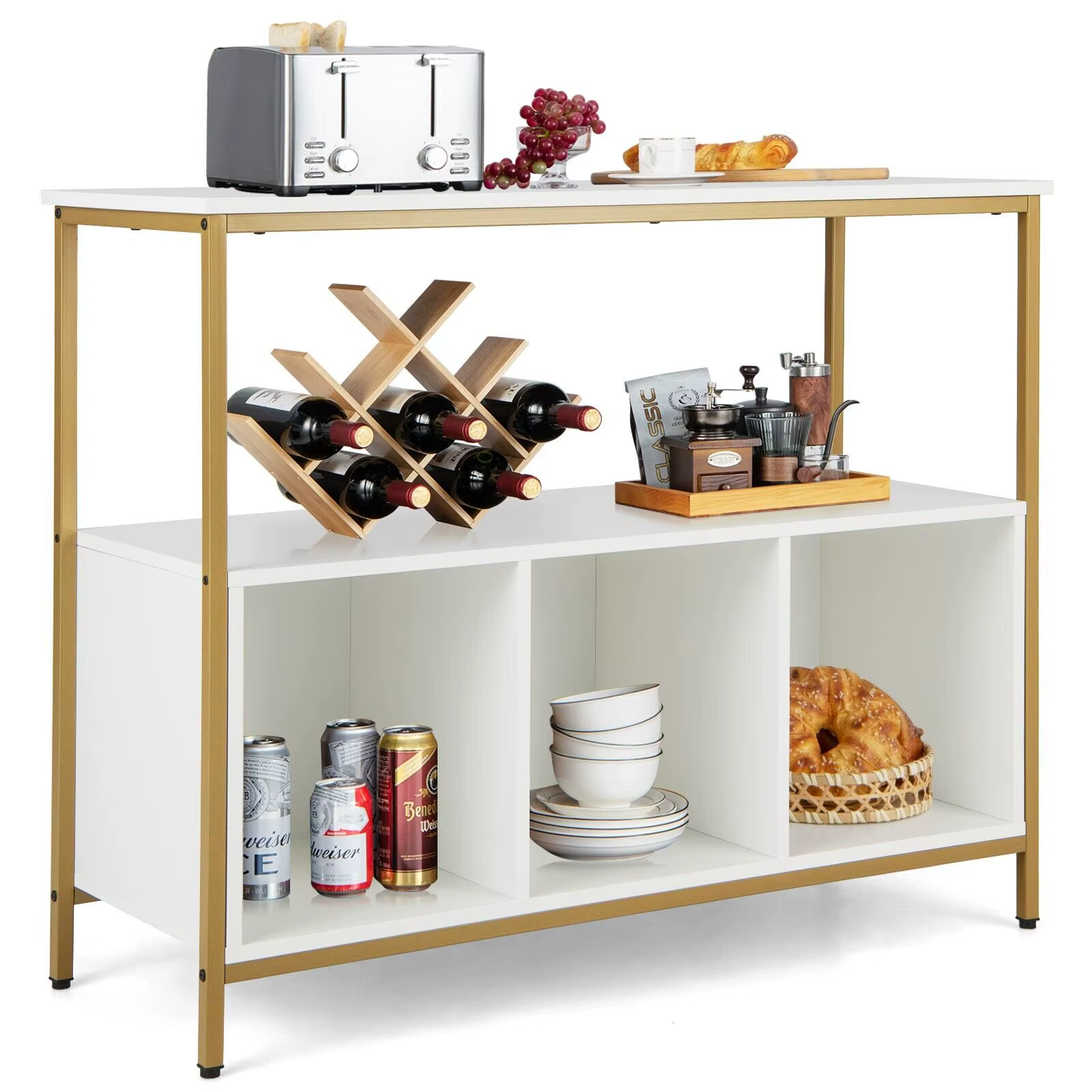 GOFLAME 3-Tier Wooden Buffet Sideboard Modern Pantry Storage Cabinet With 3 Compartments