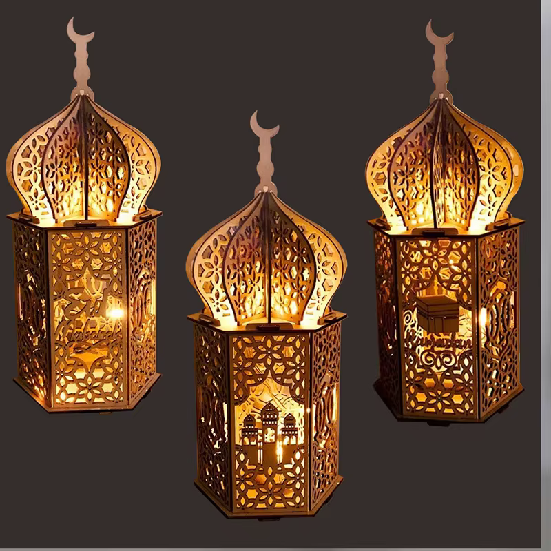 Ramadan Wooden Hollow Lantern Lights Islamic Wood Mosque Home Decoration Eid Mubarak Decor Ramadan Kareem  Hanging Supplies