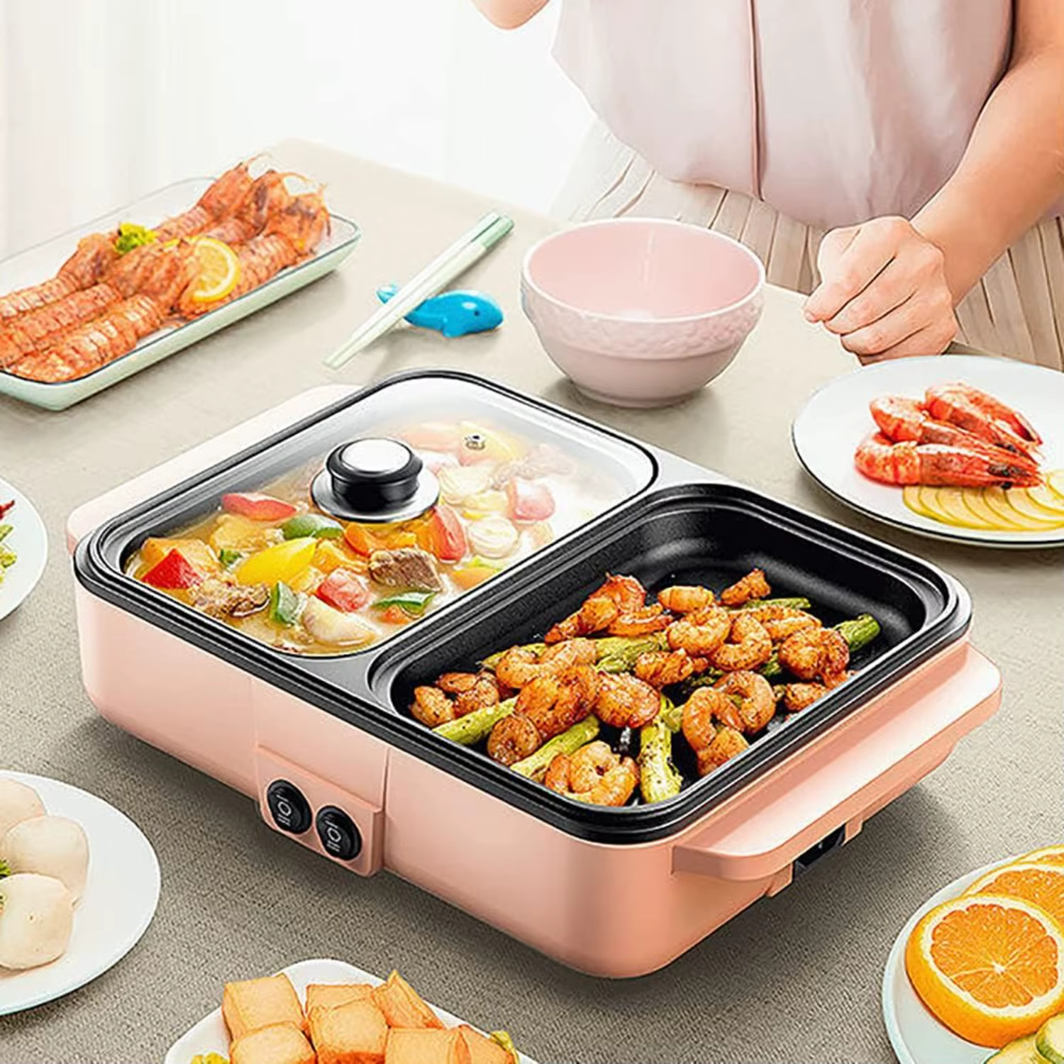 2-in-1 Electric Grill and Hot Pot, Smokeless Griddle, Portable Non-Stick Teppanyaki Pan, Ideal for Indoor/Outdoor Parties