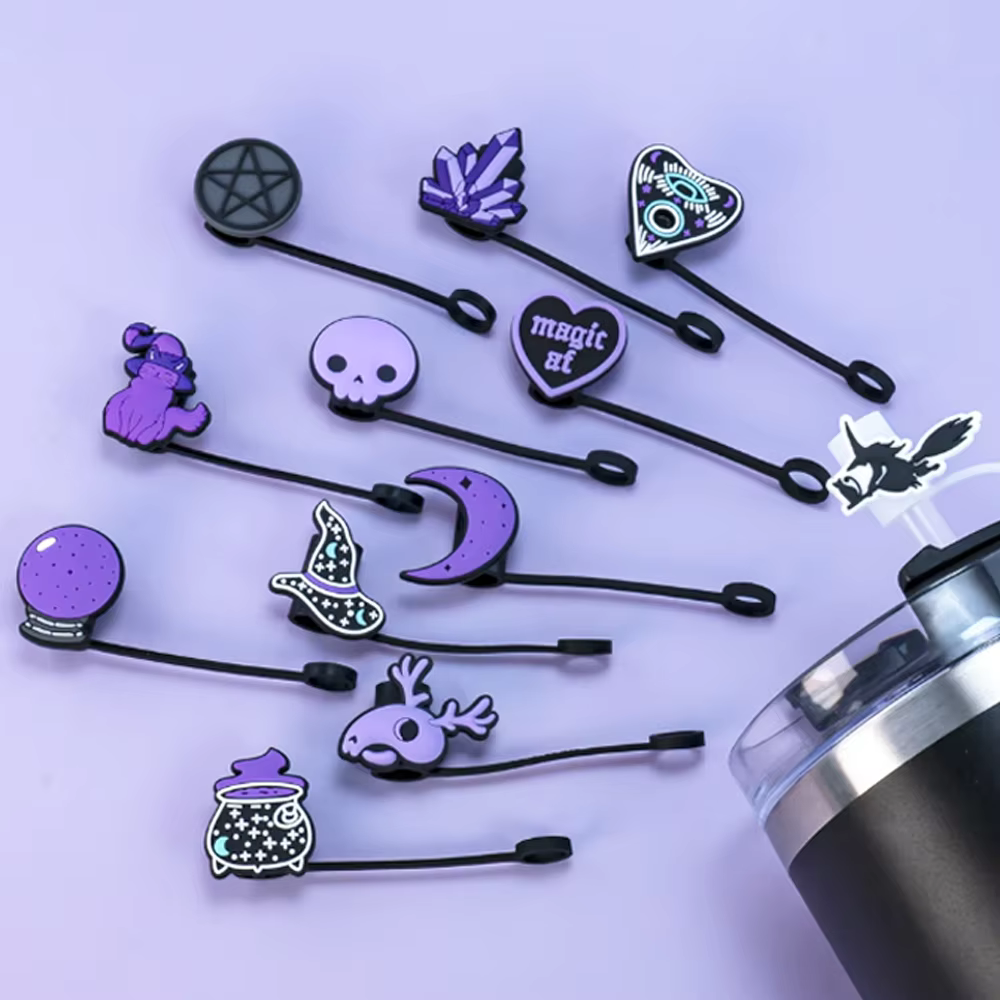 1-12PCS Silicone Magic Purple Straw Toppers for Cup,Witches Cat Moon Skull 10mm Straw Covers Cap Dustproof Drinkware Tips Party