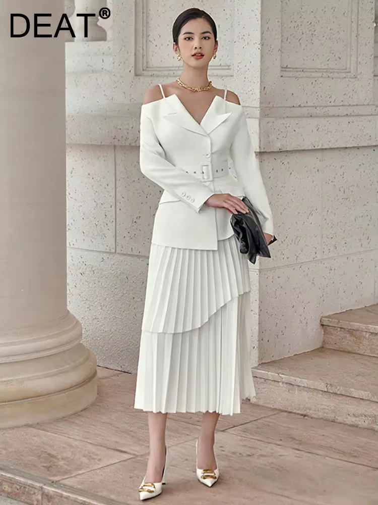 DEAT 2 Pcs Set Split Belt Waist V-neck Coat Patchwork Pleated Irregular Skirt Women's Suits 2024 Spring New Fashion 13DB3648