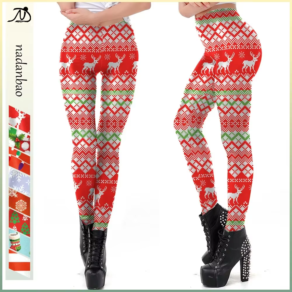 Nadanbao Snowflakes Print Leggings Women Mid Waist Elastic Tights Merry Christmas Pants Female Holiday Party Funny Trousers