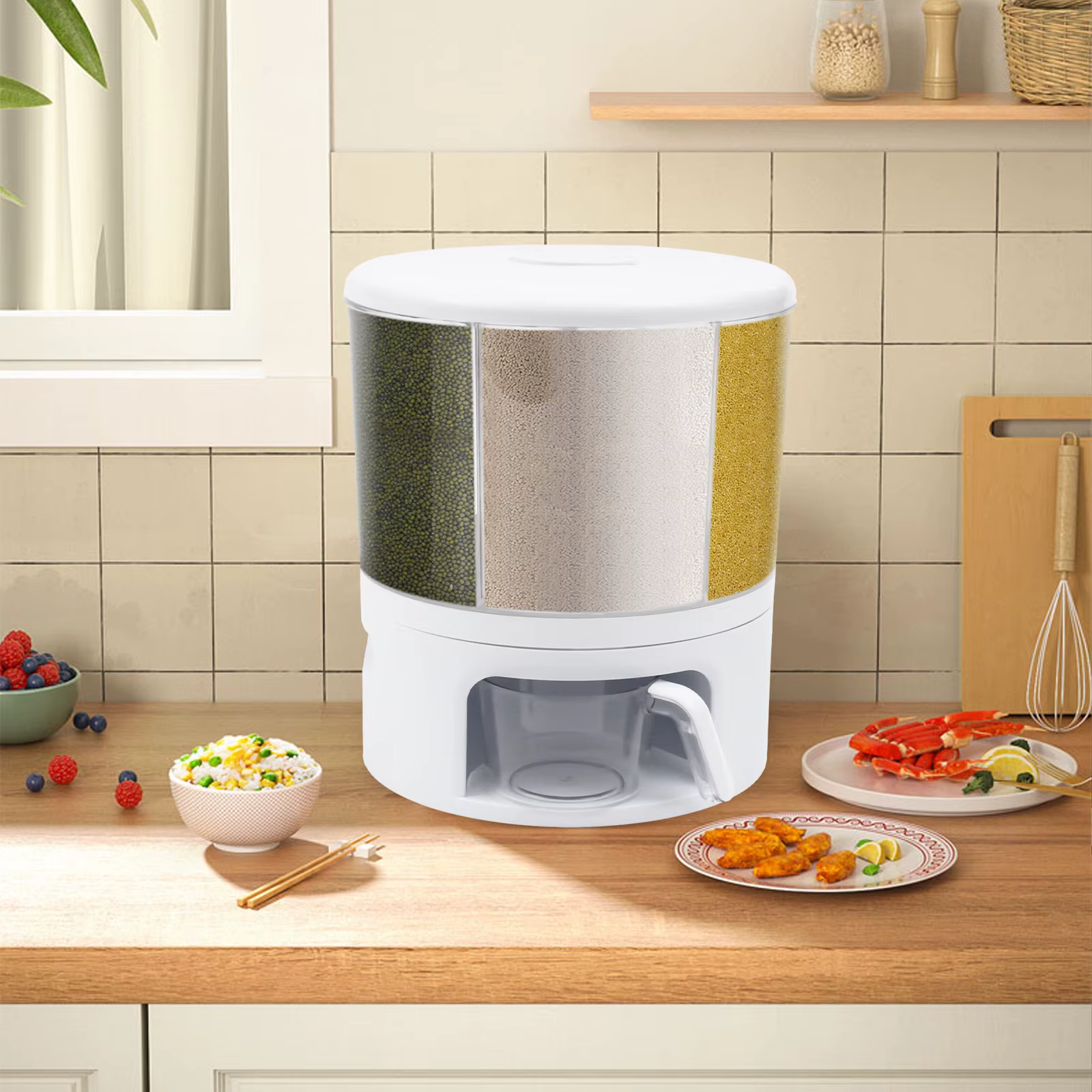 LOYALHEARTDY Rotating Food Dispenser 6 Grid Round Cereal Multigrain Tank Rice Storage Bucket Container for Kitchen White