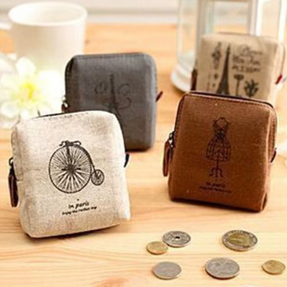Zipper Retro Coin Purse Paris Styles Vintage Print Storage Women Small Pouch Cloth Card Holder Wallet Women Ladies