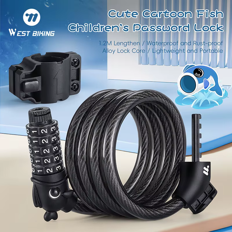 WEST BIKING Children Bike Password Lock Alloy Waterproof Anti-Theft Lock 1.2m Cute Cartoon Fish Head Design Bicycle Accessories