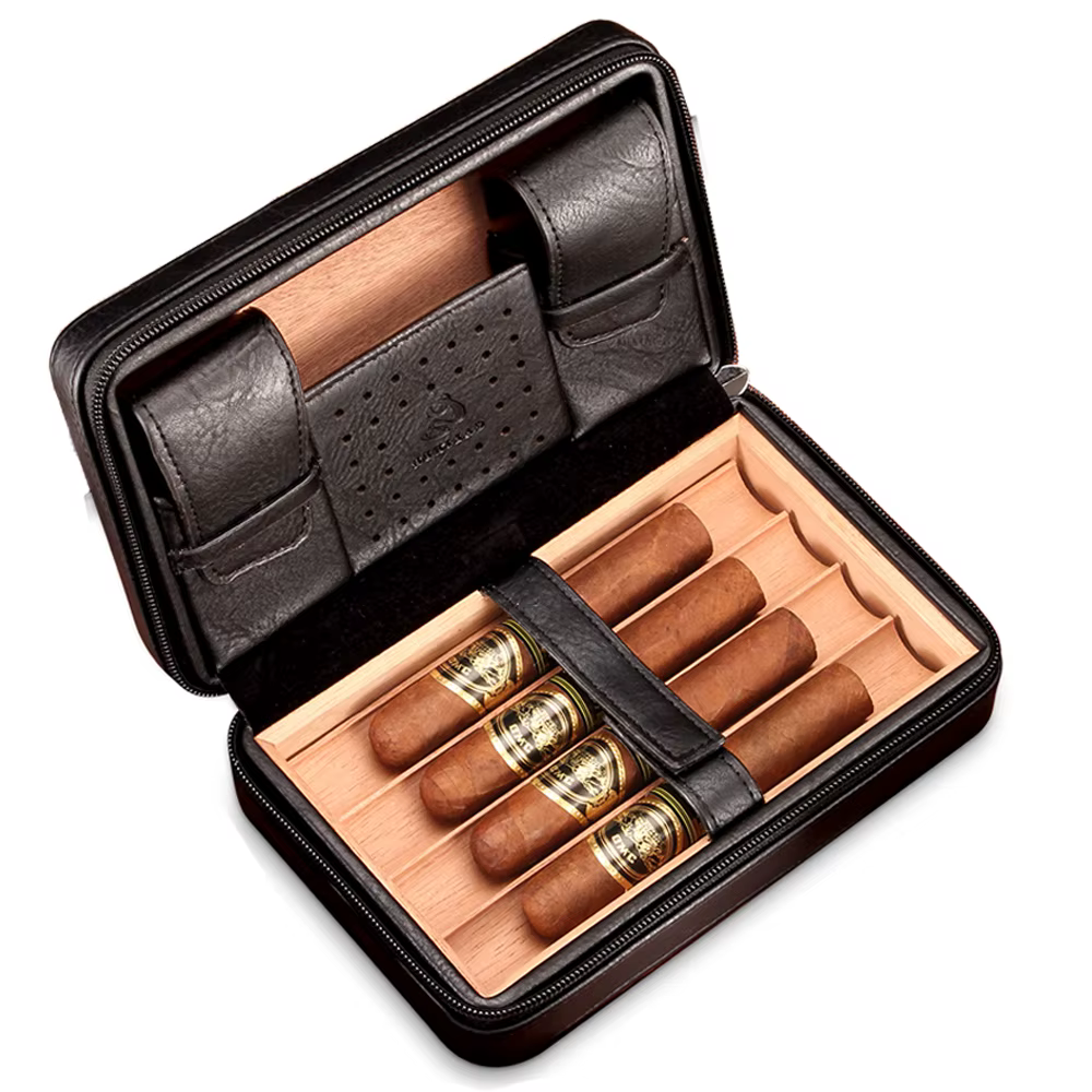 GALINER Travel Humidor Leather Cigar Case W/ Humidity Pack Humidifier Cedar Wood 4 Tube Cigar Humidor Box