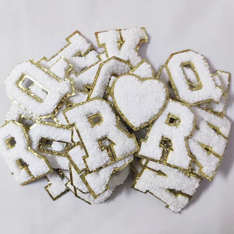 White Letters Sticker Patch Alphabet Towel Embroidered Chenille Patches for Clothing Bags Jacket Stick on Accessories Applique