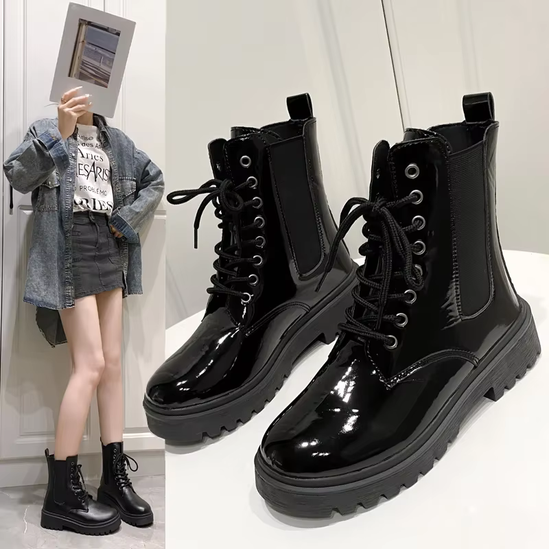 Women 2024 Autumn New Tooling Boots Lady Anti Slip Waterproof Lace Up Short Boots Students Casual Thick Heel Knight Boots