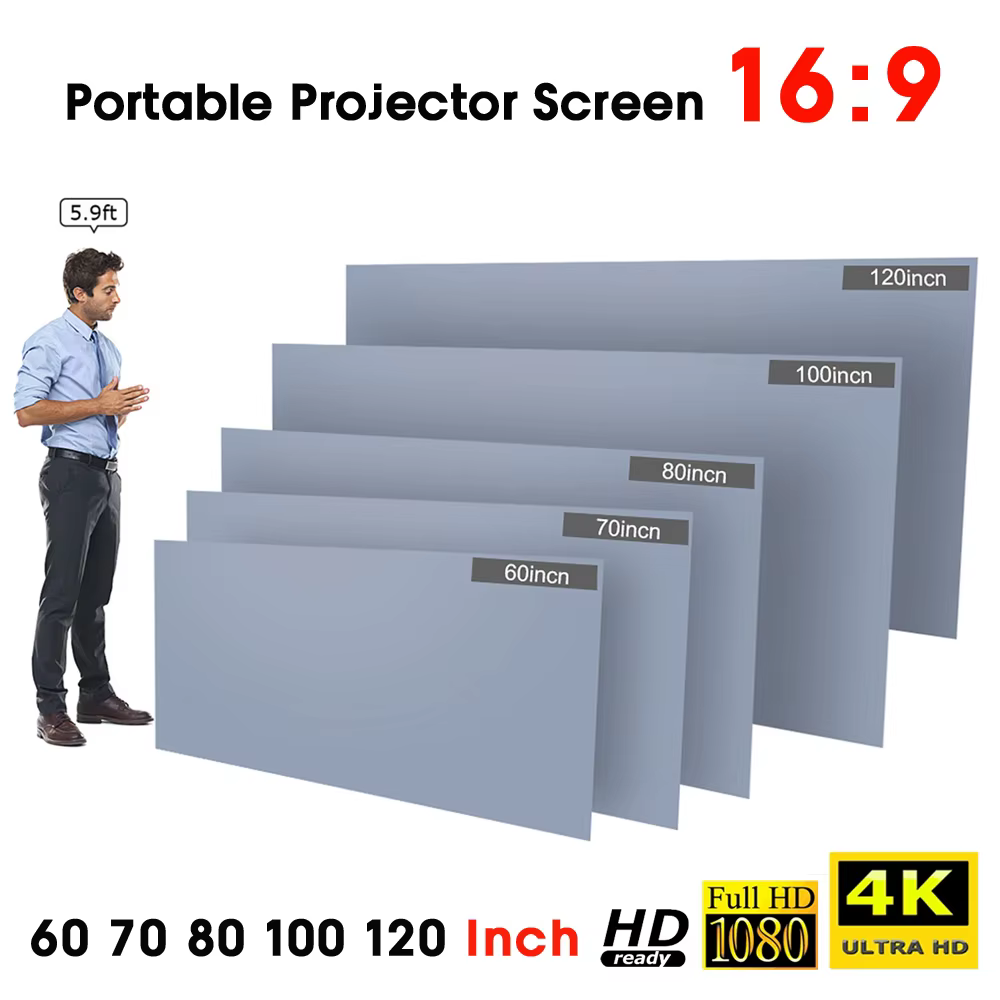 60 70 80 100 120in HD Projector Screen 16:9 Frameless Video Projection Screen Foldable Wall Mounted for Home Office Grey screen