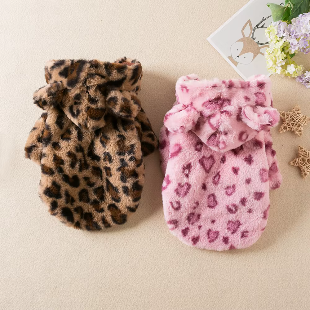 Fleece Dog Hoodie Winter Warm Pet Dog Clothes Leopard Print Dog Coat Jacket French Bulldog Clothing for Small Dogs Pet Costumes