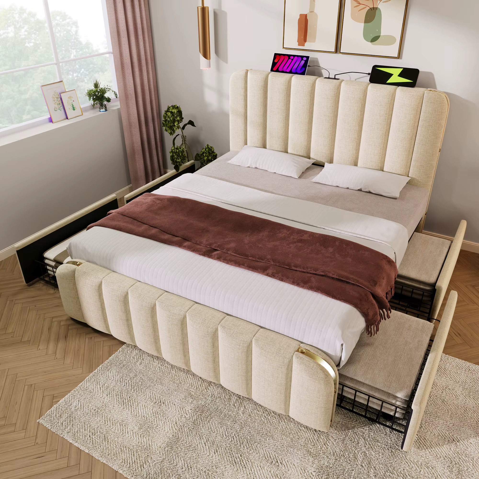 Upholstered bed, upholstered headboard with golden decorative stripes, beige linen material with 4 drawers(without mattress)