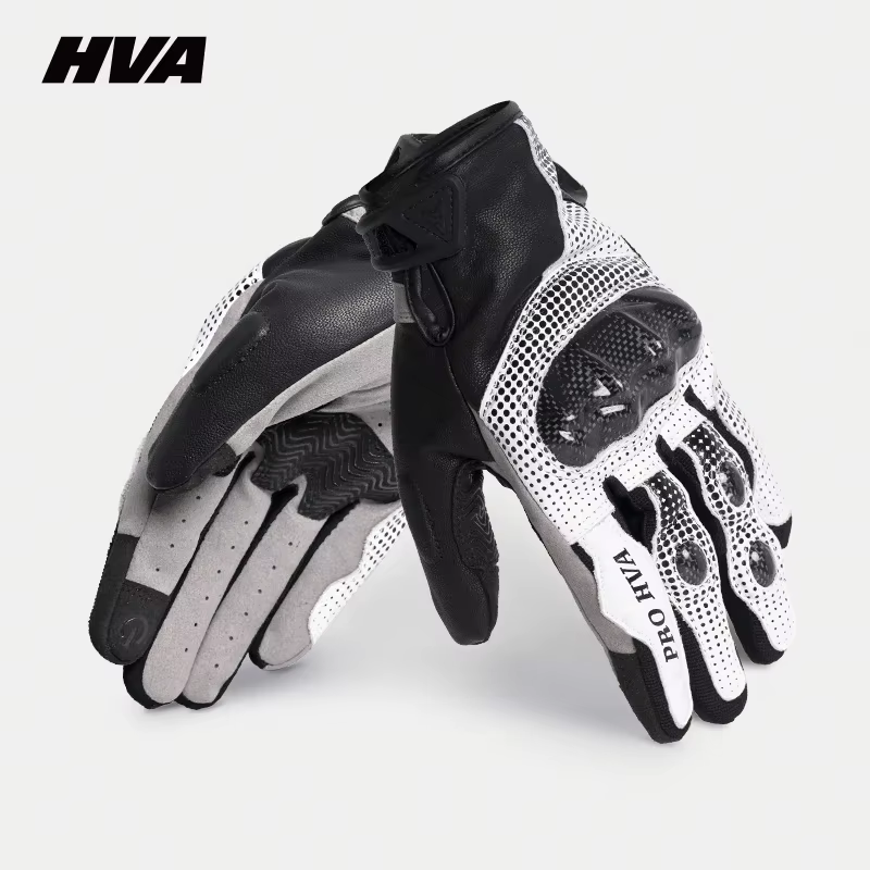 HVA Motorcycle Gloves Black Racing Genuine Leather Motorbike White Road Riding Team Glove Men Summer Winter
