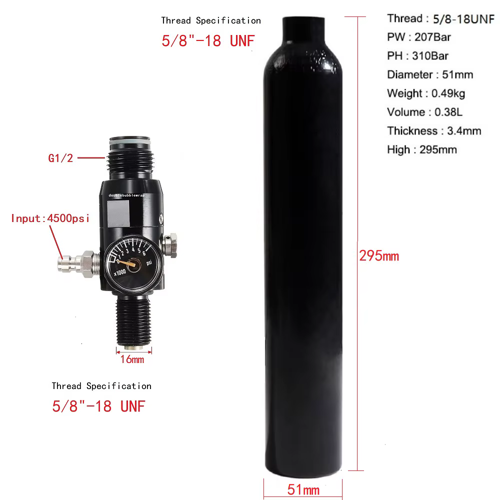 0.38L Aluminum Tank  5/8"-18 UNF Air Bottle 3000Psi 200Bar HPA Compressed Air Co2 Cylinder Bottle Tank Regulator Valve