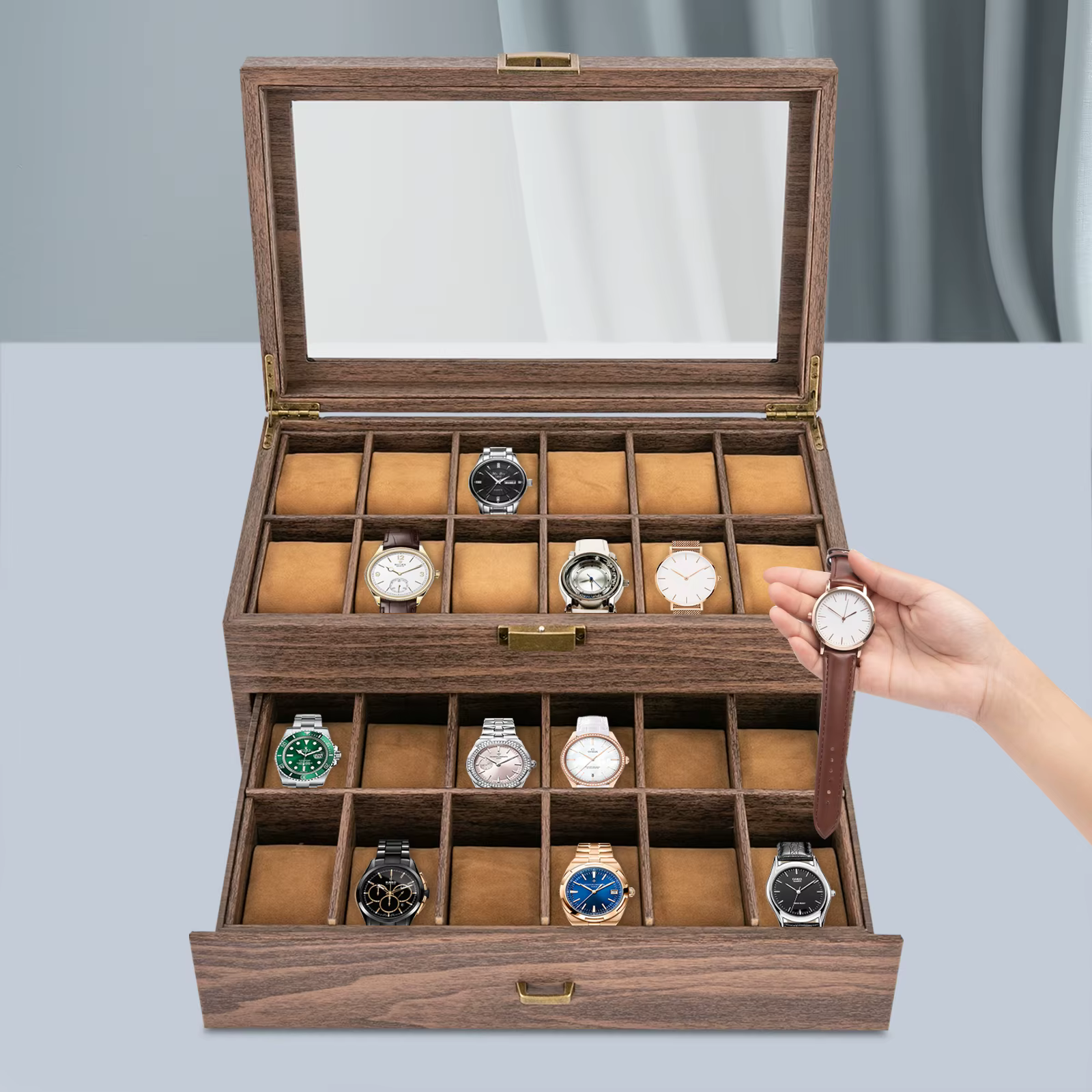 24-Compartment Watch Box Watch Holder Storage Case Organizer PU Leather Watch Display Box for Men