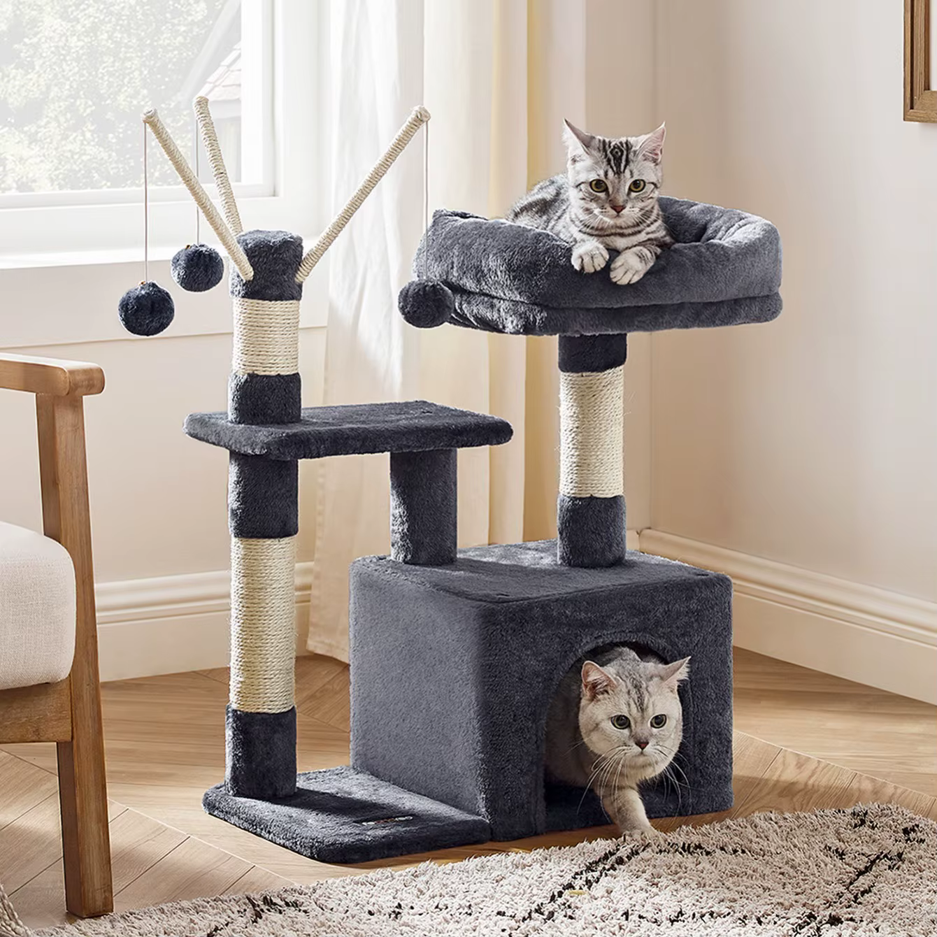 FEANDREA cat tree, small cat bed, 72 cm, with 3 pompoms