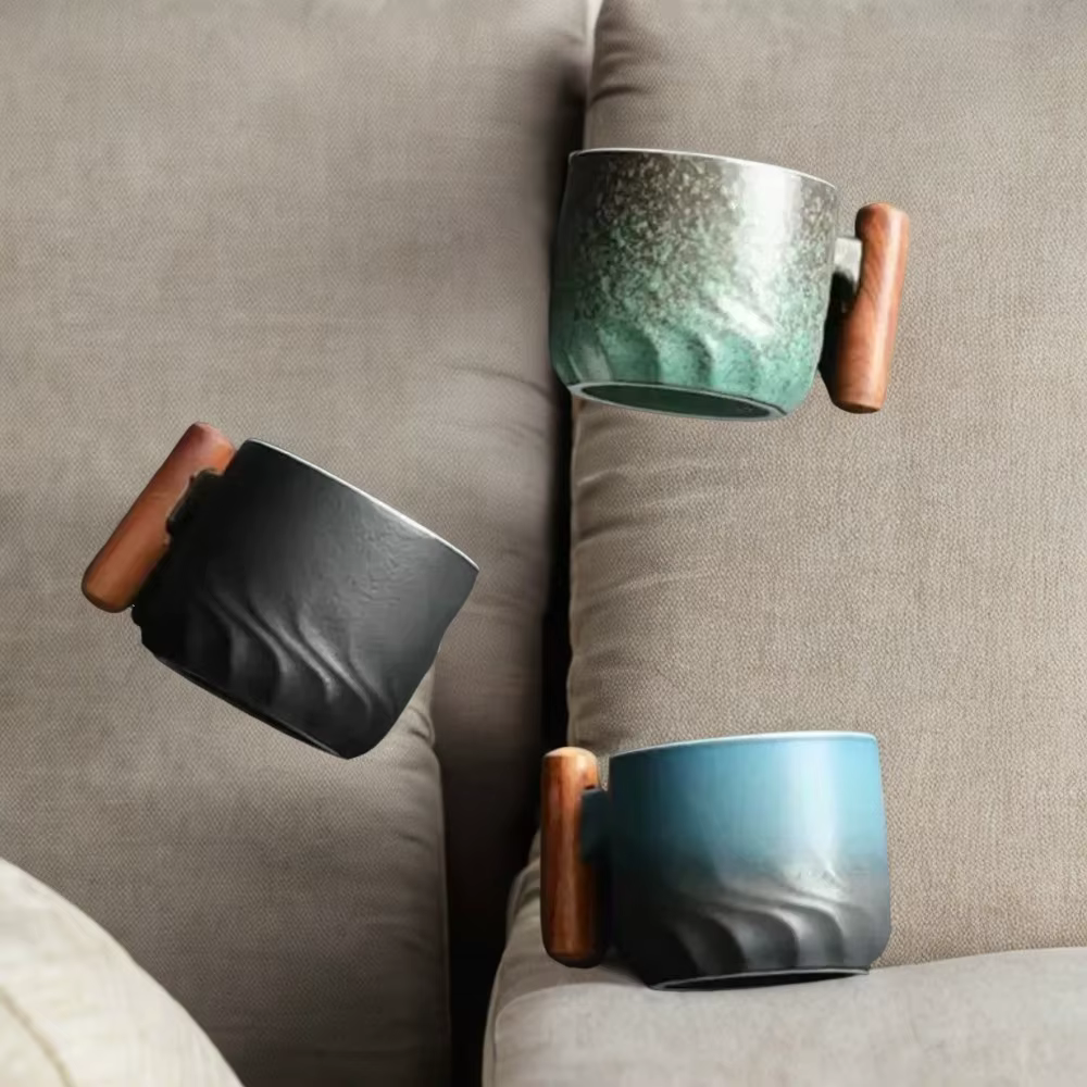 Handmade Ceramic Retro Coffee Mug with Wooden Handle - 80ml Office Water Cup, Filter Tea Cup, Perfect Tea and Coffee Cup, Unique