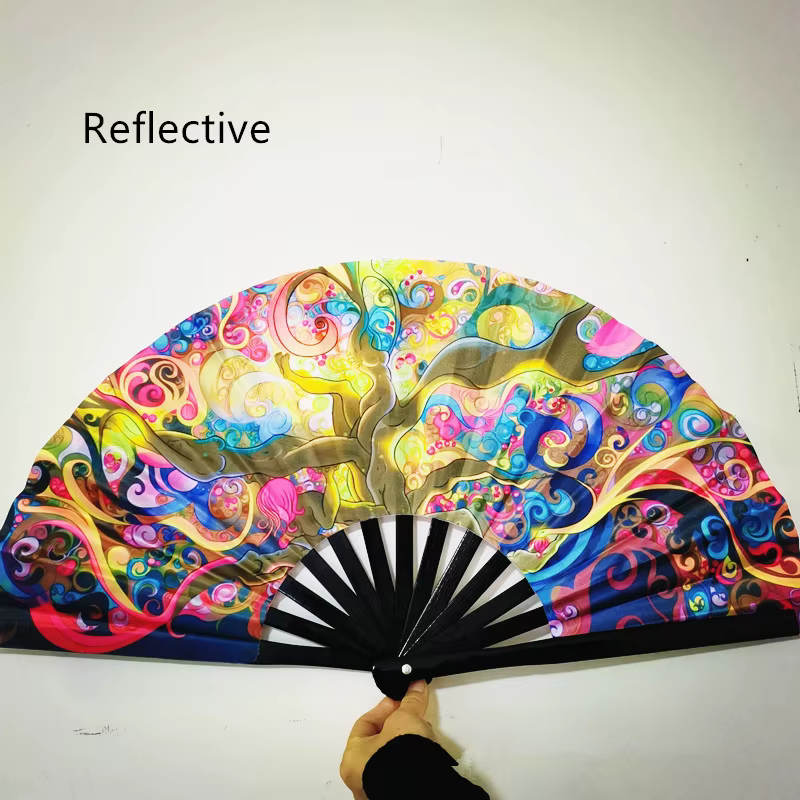 33cm Classic Folding Fan Print Black Bamboo Bone Fan Hand Fans Rainbow Cooling Handheld Fan Festival Performance Dance Fan Gifts