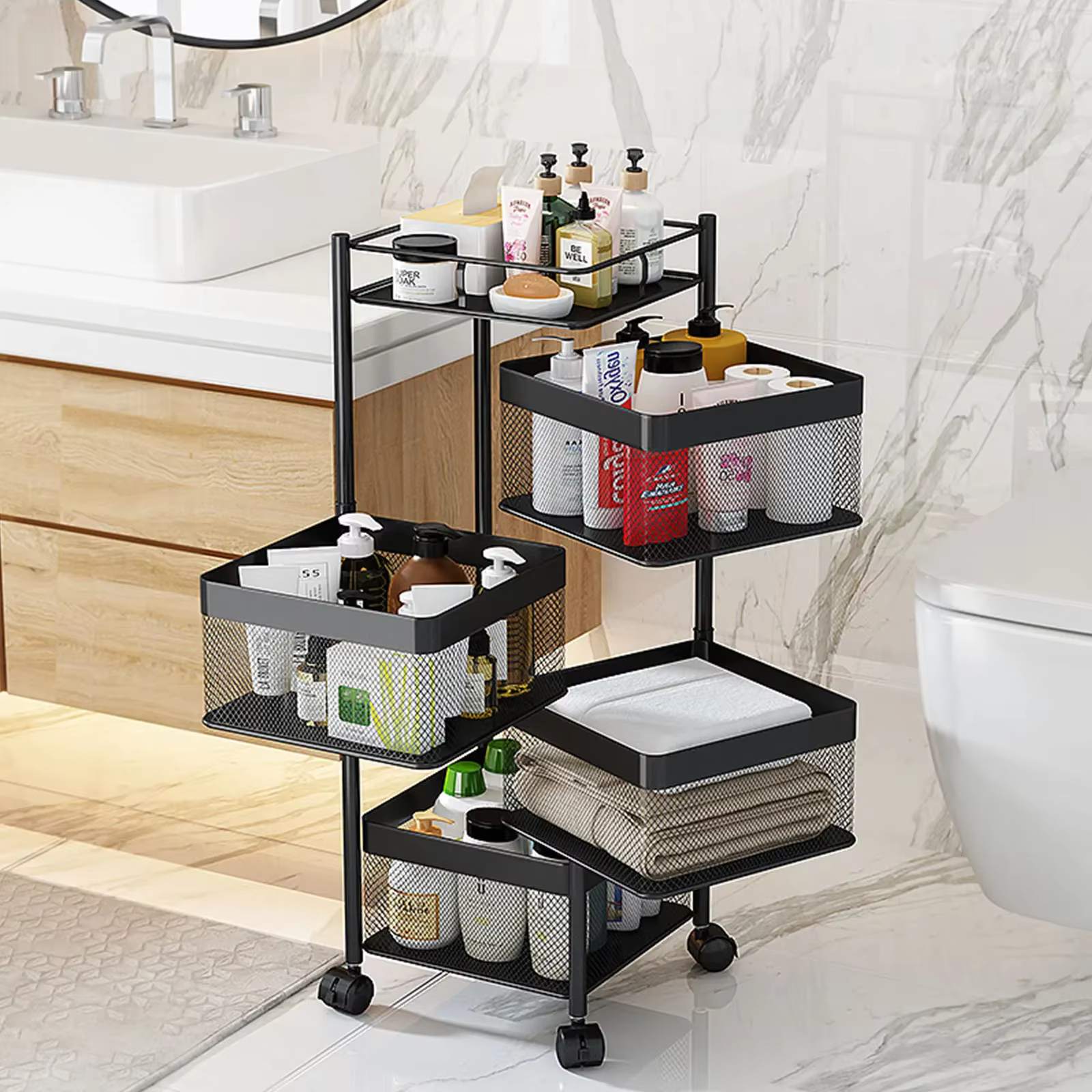 4 Tiers Kitchen Movable Rotating Storage Racks with Wheels Black 30*30*80 CM Kitchen Fruit Vegetable Storage Basket Rack