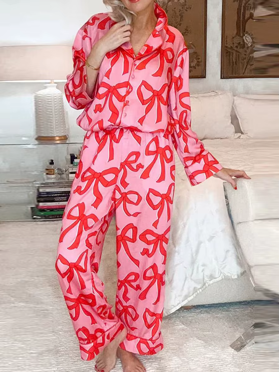 Women s 2 Piece Pajama Set Long Sleeve Lapel Button Up Shirt Tops Bow Print Pants Sleepwear Sets
