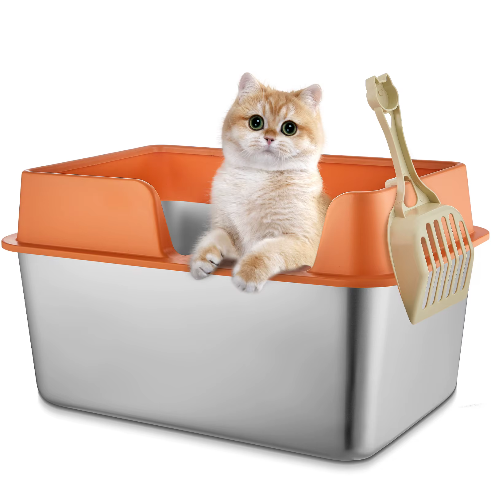 Stainless Steel Litter Box Large Capacity Open Easy-to-flush Sandbox Shell Litter Box with Litter Spoon Large Cat Toilet Tool