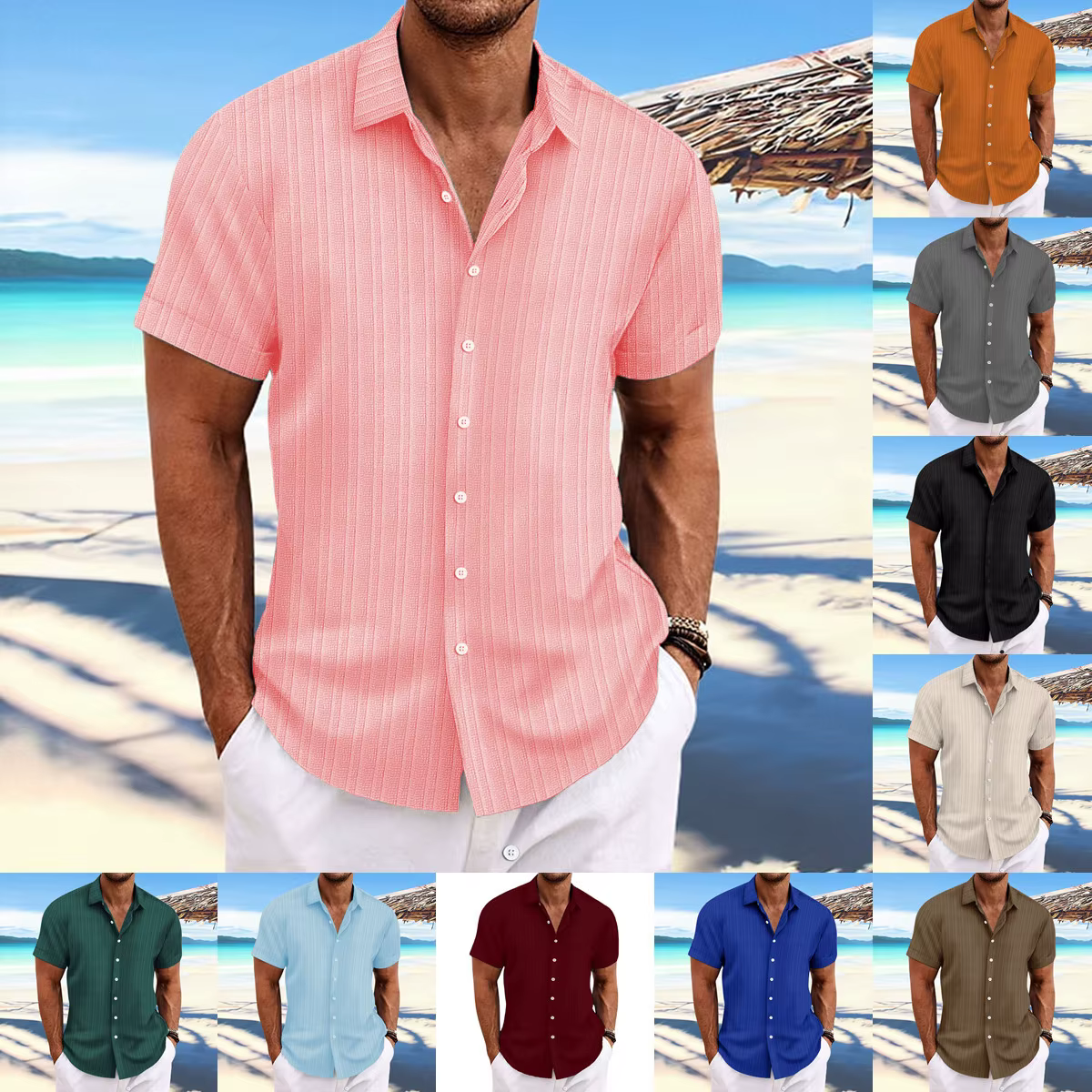 Solid Color Jacquard Wave Strip Short-sleeved Shirt Europe And The United States Men's Daily Casual Cardigan Fashion Trend