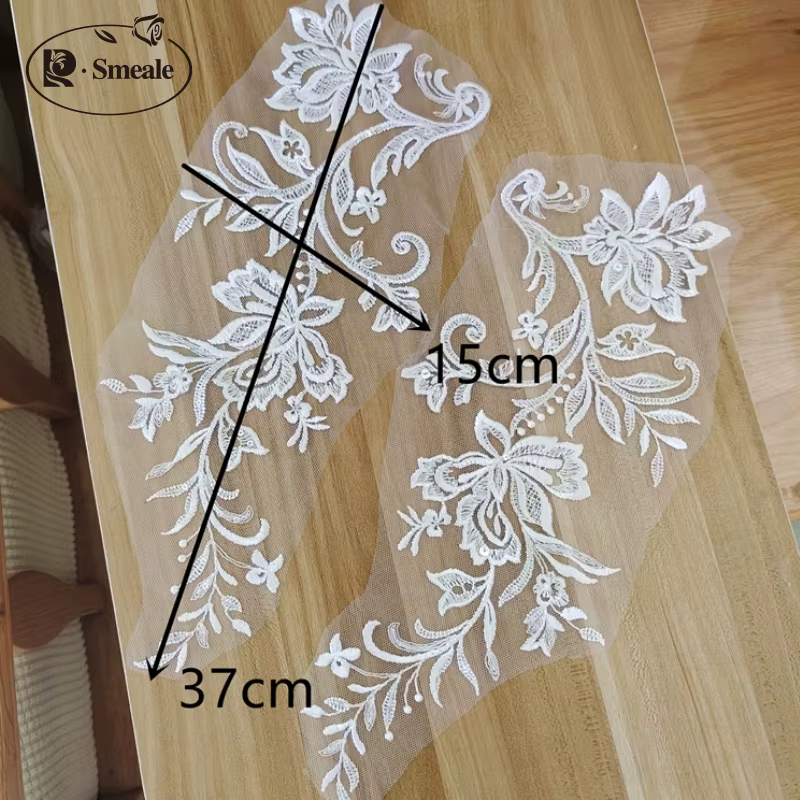 Off  White European Style Sequin Embroidery Patch, Hand Sewn, Wedding Veil, Clothing Appliques, DIY, New Design,5Pair