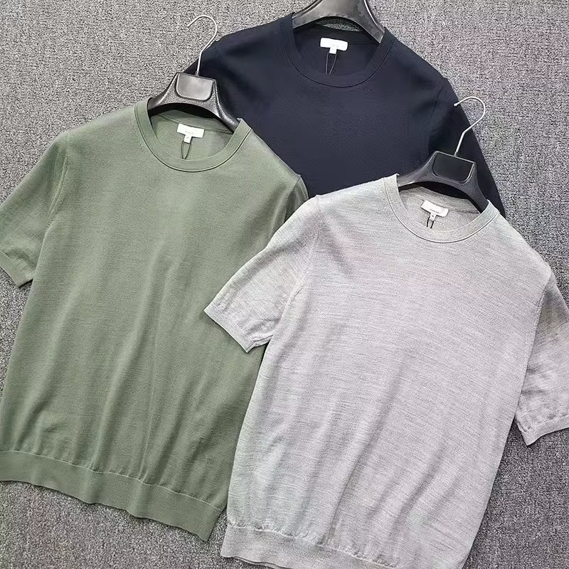 High Quality Ultra Fine 100% Merino Wool Spring Summer Men's Business Crew Neck Short Sleeve Knit T-shirt Top Tees
