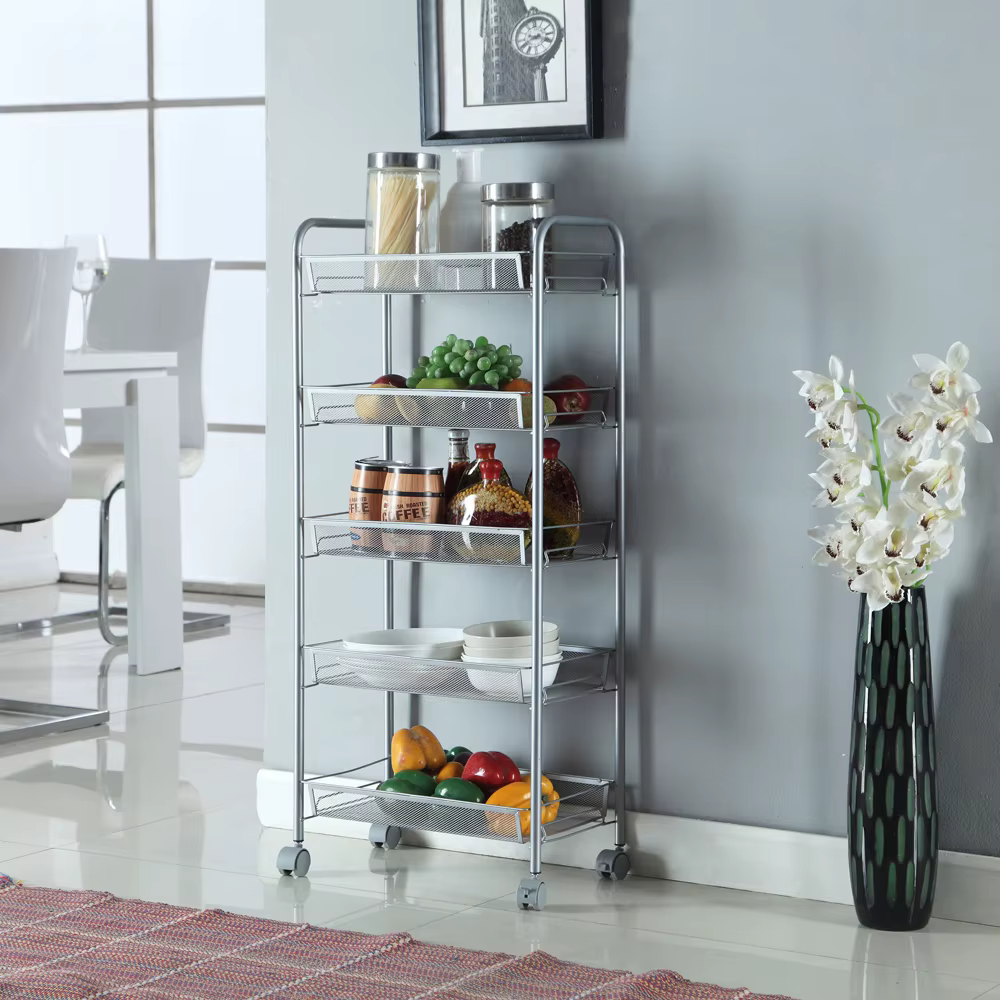 Honeycomb Mesh Style Five Layers Removable Storage Cart Silver, Durable Metal Frame, Space-Saving Design