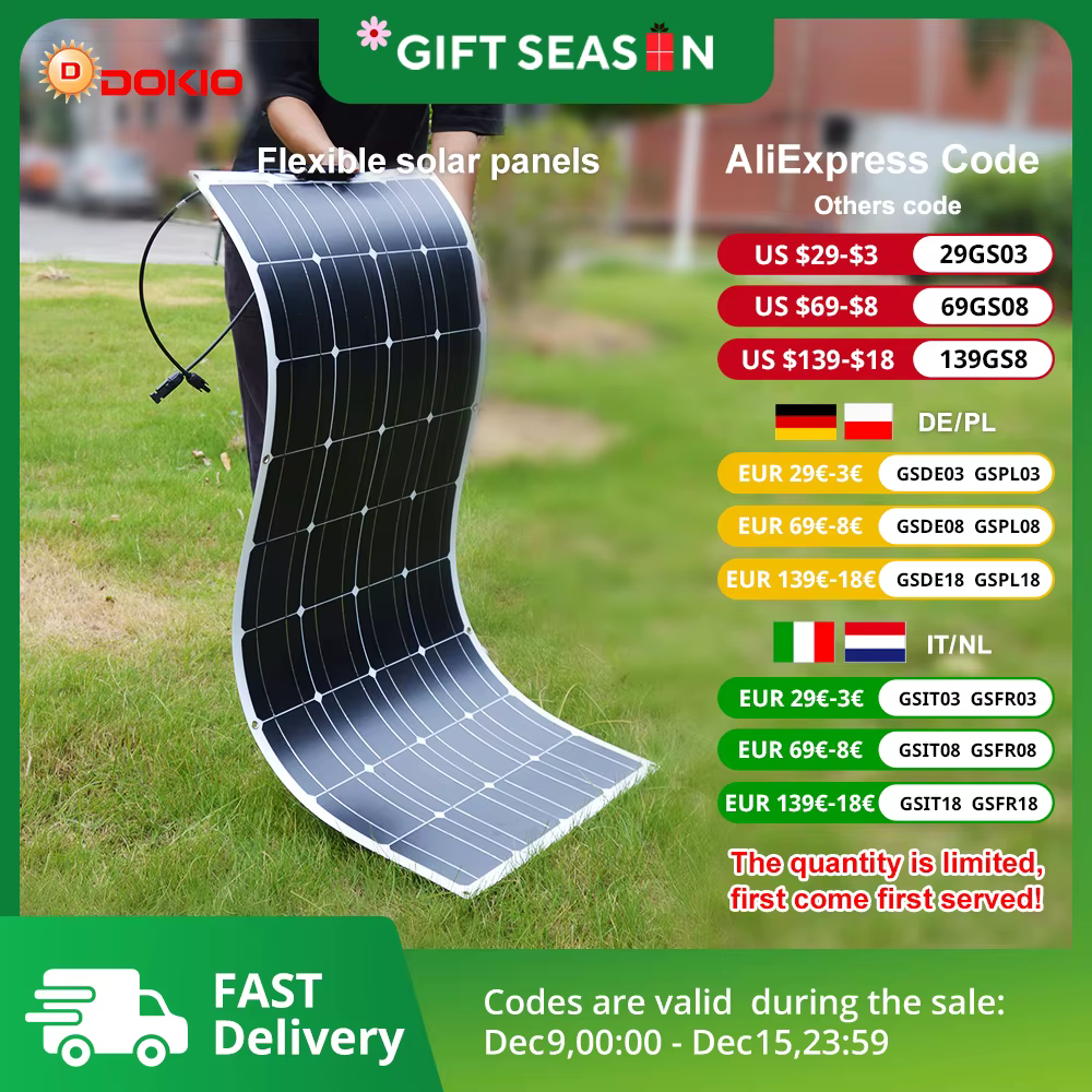 DOKIO 18V 100W/200W/400W Flexible Solar Panels Waterproof Monocrystalline Solar Panel Camping RV Home Charge 12V