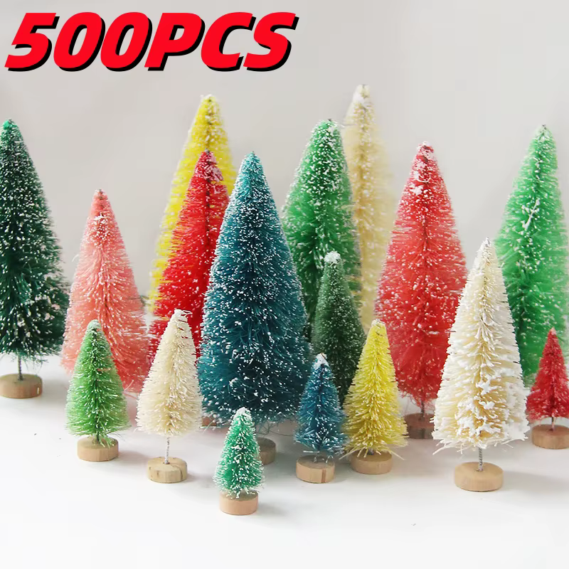 500Pcs Mini Christmas Tree Ornament Christmas Tabletop Decor Gifts Small Artificial Pine Sisal Snow Landscape Xmas Trees