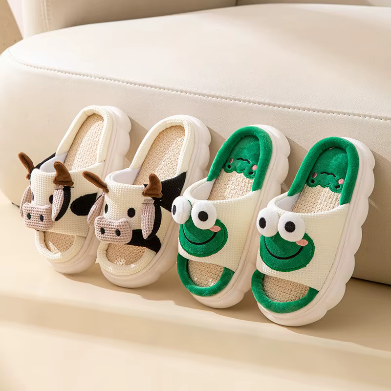Hot Sale Women Milk Cow Linen Slippers Four Seasons Men Indoor Sandals Adults Cartoon Slides Couples Cute Breathable Home Shoes