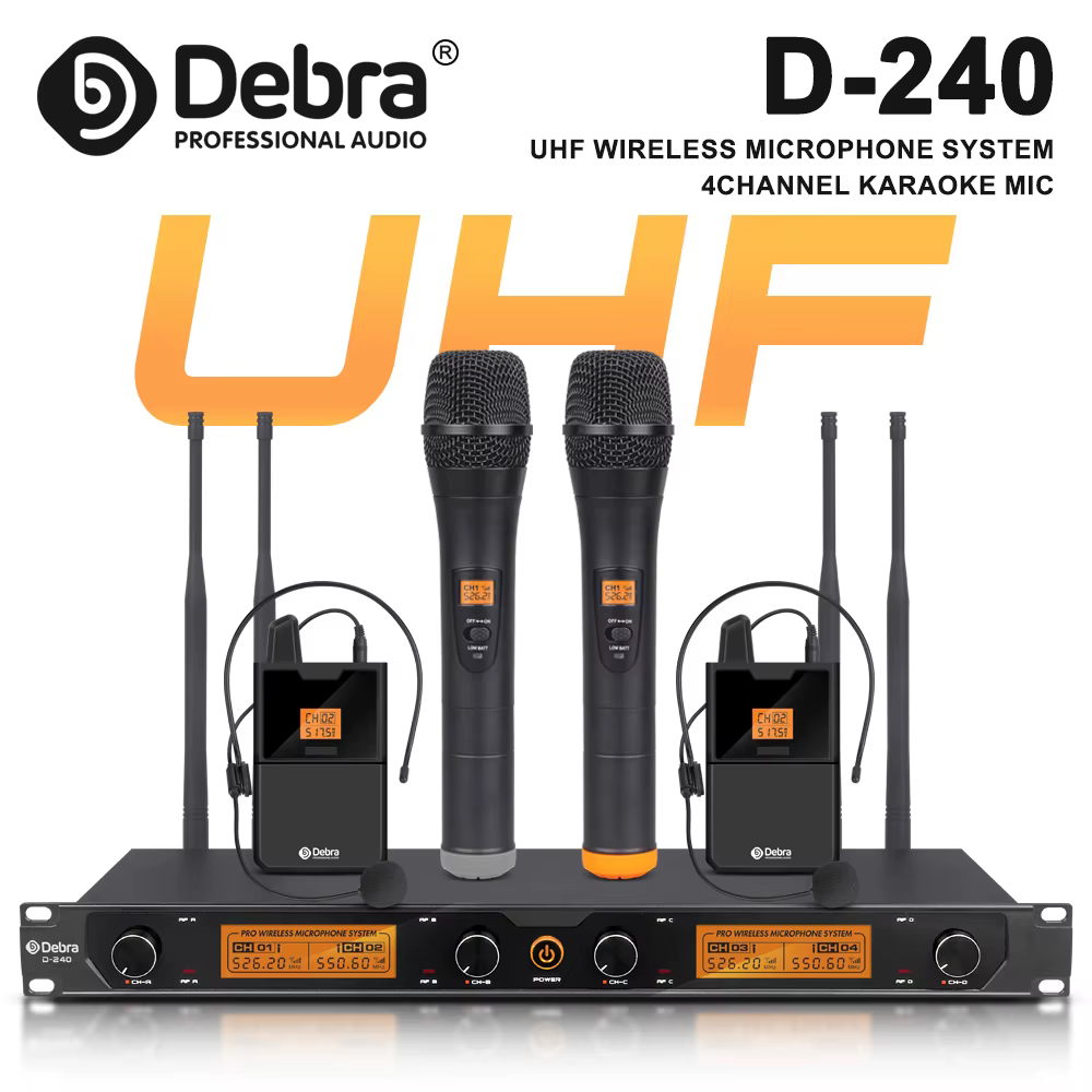 Debra Audio D-240 4-Channel UHF Wireless Microphone System with Handheld Headset Lavalier Microphone for Karaoke Presentations