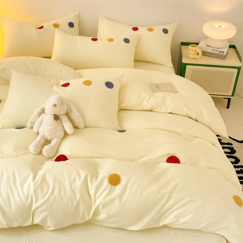 Washed Cotton Towel Embroidery Four-piece Bedding Embroidery Bed Sheet Quilt Cover Cute Cartoon