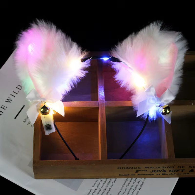 Women Blinking Light Up Bell Pink Anime Cosplay Furry Fox Cat Ears Headband LED Light Birthday Gift  Wedding   Christmas navidad