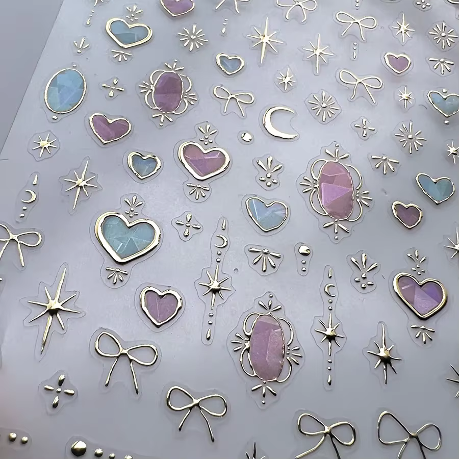 1pcs 5D Shell Light Nail Stickers Shoiny Gold Border Love Heart Bowknot Moon Star Nai Art Decal Manicure Decorations