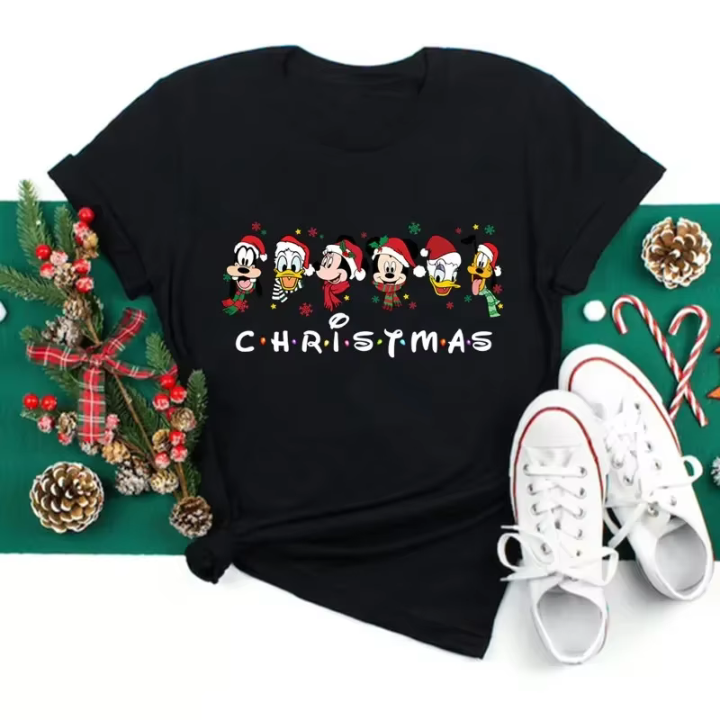 Merry Christmas Black Disney Print T-shirts Women Kawaii Y2K 90S Santa Claus Sweetshirts Female Tops Tee Harajuku Clothing