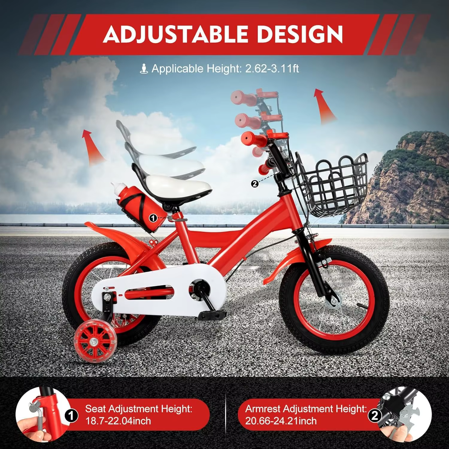 12 Inch Bike with Stabilisers Bicycle Carbon Steel Beginner Bike Height Adjustable Cycle with Fenders