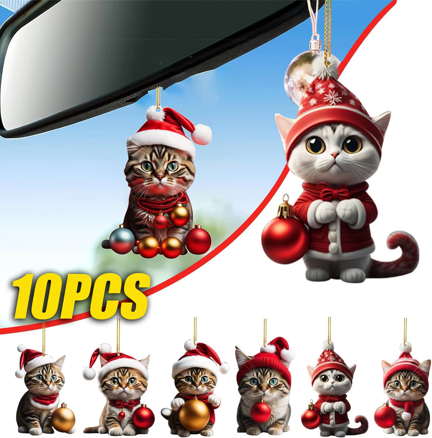 10PCS Cartoon Cat Pendant Car Cute Cat Pendant Ornament Christmas Tree Pendant Decoration Christmas Car Interior Decoration