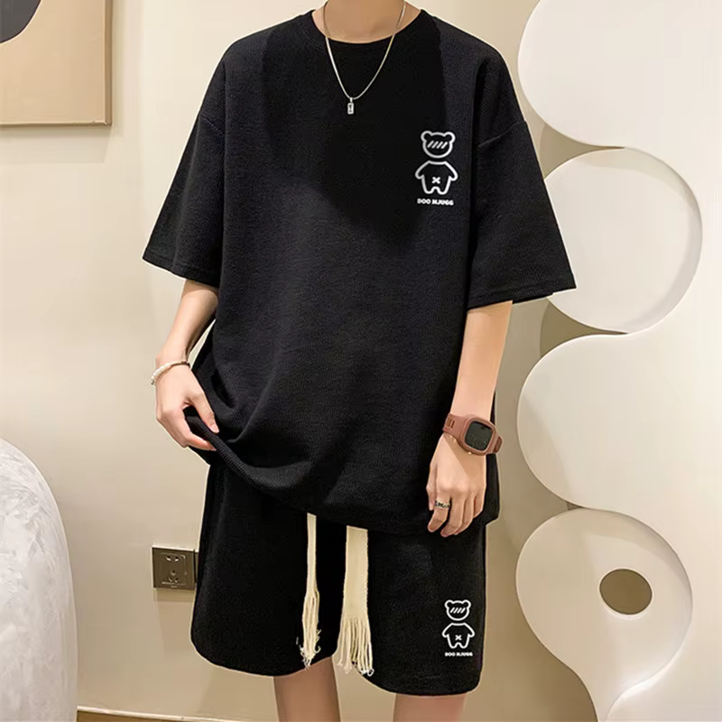Trend In Fashion Wafle Set Men's Training Casual Summer Loose Half-sleeved Ttee short pants two-piece SE1417