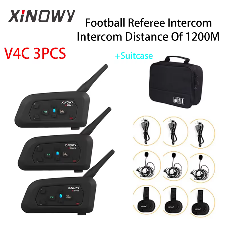 XiNOWy V4C 3PCS Bluetooth Intercom Full Duplex Football Coach Judger Earhook Earphone Referee Walkie Talkie Intercom Headset