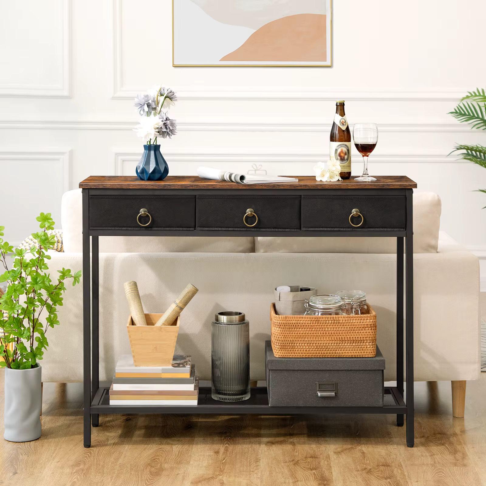 HOOBRO Console Table Narrow Entryway Table With 2 Drawers And Shelves Entrance Sofa Table For Living Room Hallway Bookshelf