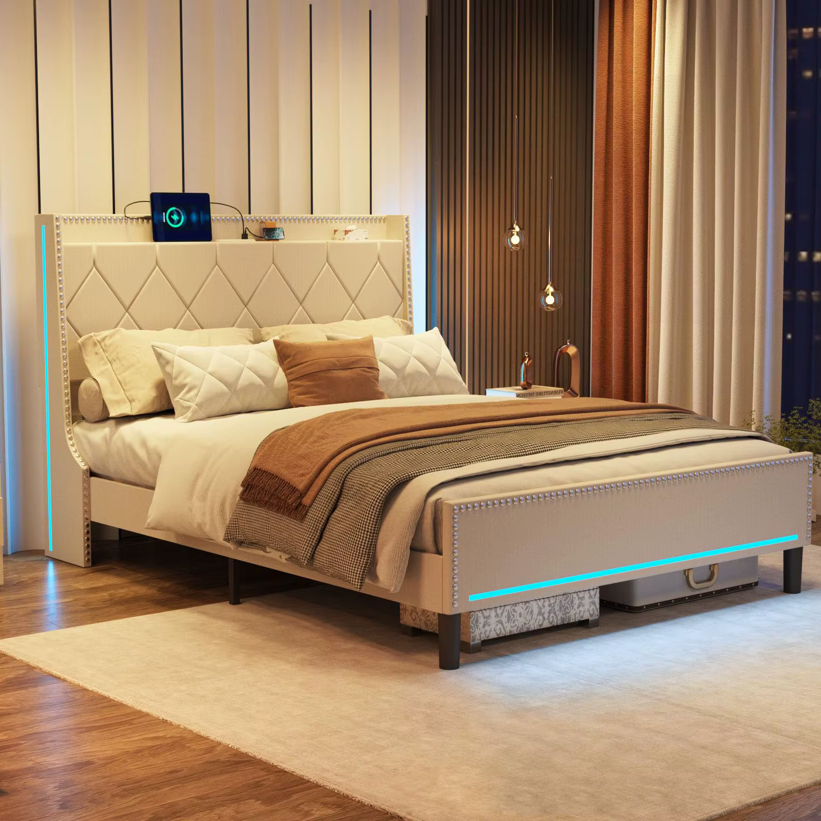 Vabches Queen Size Bed Frame with LED Lights Upholstered Platform Bed Frame with Charging Station & Headboard Bedroom Furniture