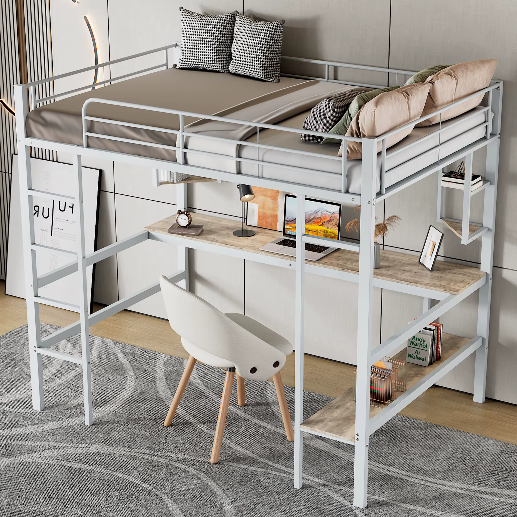 Stylish Metal Loft Bed with Desk and Shelves –Frame Bed for Space-Saving in Bedrooms, Student Dorms, or Shared Living Spaces