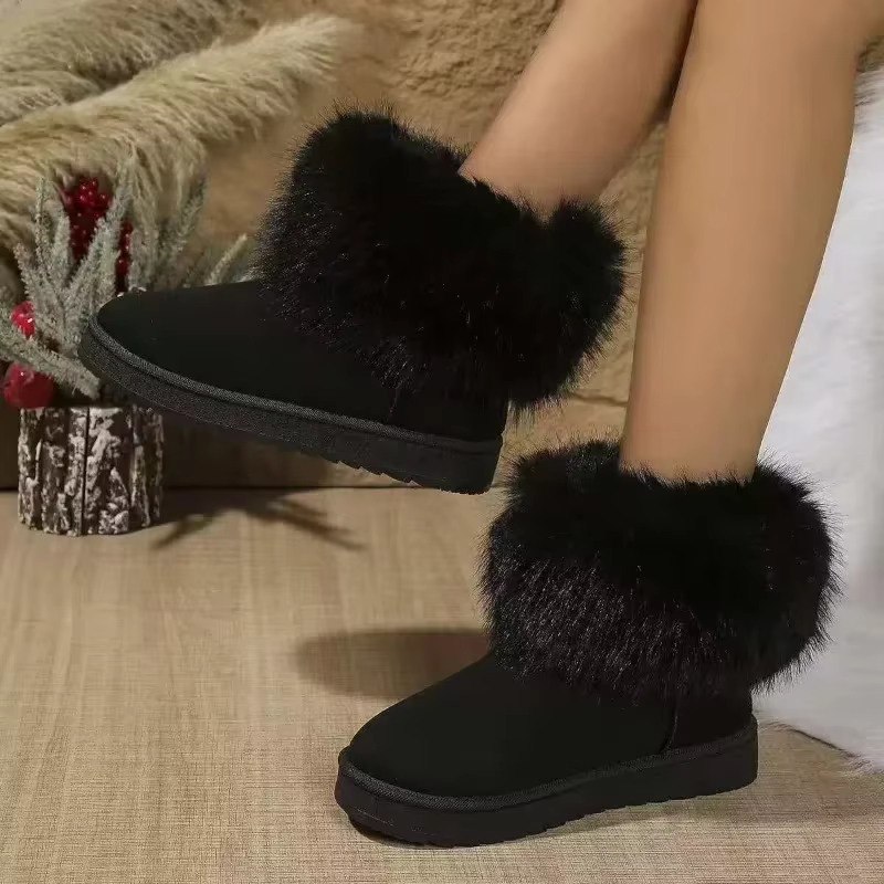 2024 Hot Sale Ladies Shoes Slip on Women's Boots Winter Round Toe Solid Flock Snow Boots Warm Comfortable Low Heels Snow Boots